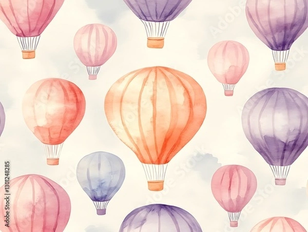 Fototapeta Balloons floating watercolor sky background