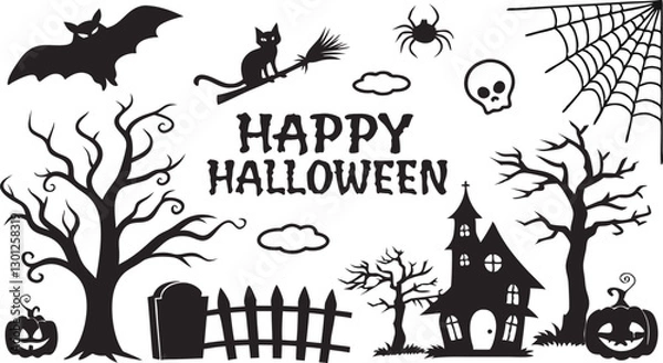 Fototapeta Set of Halloween silhouettes black icon and character SVG. Vector illustration with Isolated on white background.