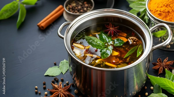 Fototapeta Freshly boiled kadha (herbal decoction) with fresh ingredients in a stainless steel pot surrounded by ayurvedic spices and herbs.