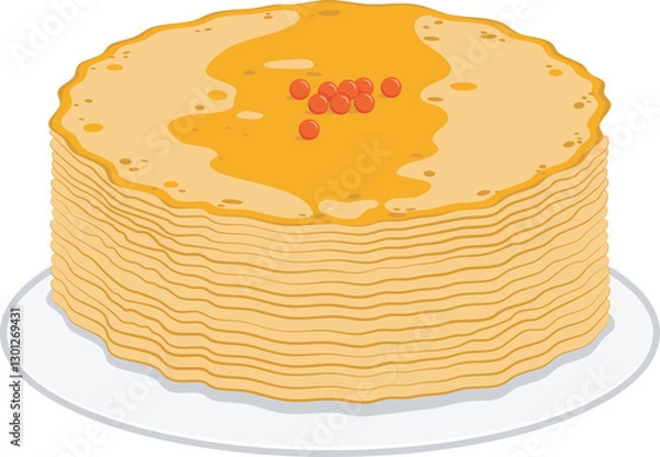 Fototapeta Stack of pancakes with caviar on a plate. Vector element in flat style on transparent background.