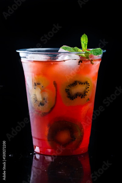 Fototapeta cold lemonade with kiwi, strawberries and mint in a plastic cup to take away on a black background