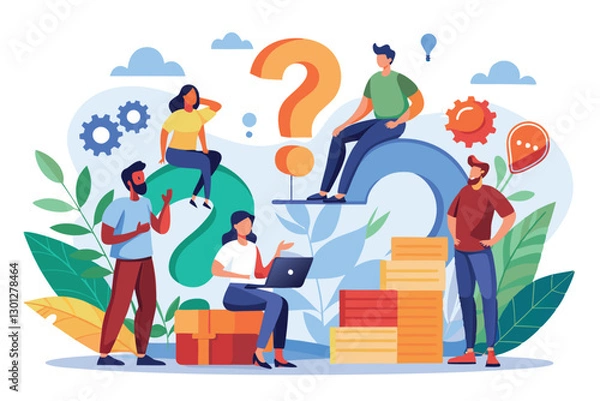 Fototapeta A diverse group of people collaborates, sharing ideas and asking questions in a vibrant workspace, Organic flat illustration people asking questions