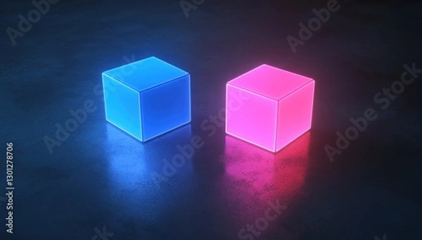 Fototapeta Glowing neon blue and pink cubes on dark surface.