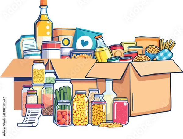 Fototapeta Food donation boxes overflowing with groceries and canned goods