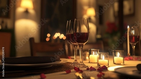 Fototapeta romantic candlelit dinner setup with a gourmet tasting menu, wine glasses clinking, elegant atmosphere