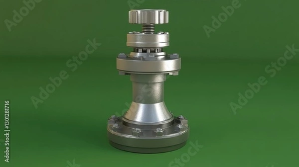 Fototapeta A futuristic industrial valve with sleek contours placed on a bold green background.