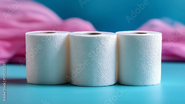Fototapeta Three rolls of white paper towels sit side by side on a bright blue surface, their textured surfaces catching the light, perfect for daily use and kitchen chores, surrounded by a soft pink background