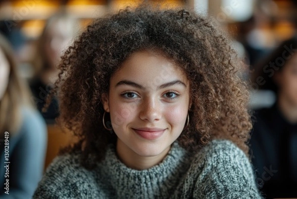 Fototapeta A woman with curly hair sitting at a table, ready for work or study