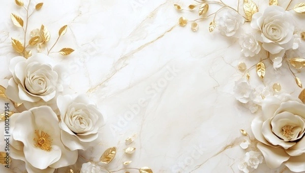 Fototapeta Elegant white roses and gold leaves on marble.