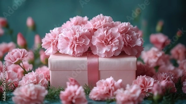 Fototapeta Carnations and a gift wrapped in silk paper create a sophisticated Mother's Day display.