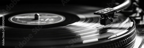 Obraz Vinyl Record Player Close Up - Close-up of a vinyl record spinning on a turntable, showcasing the grooves and the tonearm. Black and white