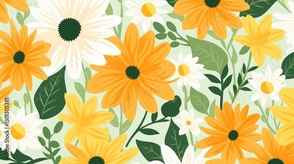 Fototapeta Enchanting seamless floral pattern with vibrant yellow, orange and white blossoms