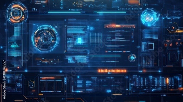 Fototapeta Futuristic digital interface displaying data in multiple circular and rectangular panels