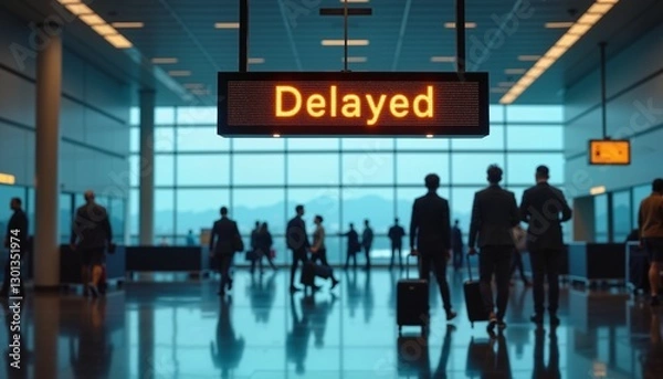Fototapeta Busy airport terminal with delayed flight sign, symbolizing travel disruption
