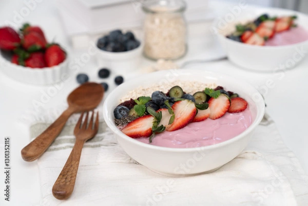 Obraz Presented by fruits putting yogurt toppings with strawberry, berry, oats, raisins and chia seed decorated by peppermint in white blow. Pink background. Set of healthy dairy product choice. Pecuniary.
