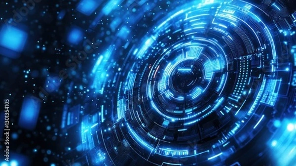 Fototapeta Futuristic blue light geometric digital technology data processing display