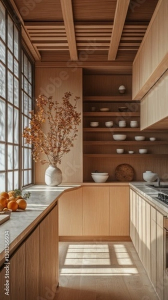 Obraz This kitchen showcases clean lines and natural wood cabinetry, blending simplicity with functionality