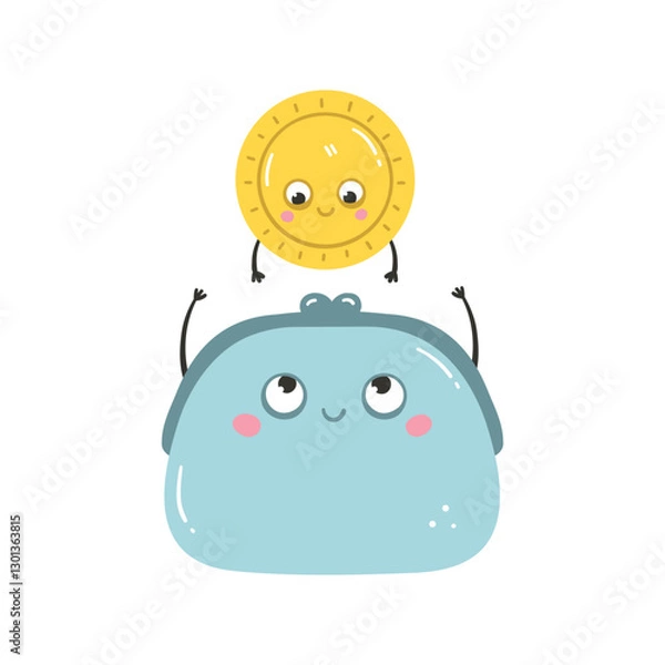 Fototapeta Kawaii coin and wallet for money financial literacy and investing