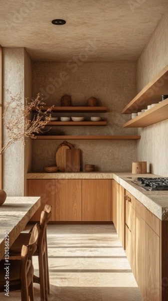 Obraz This beautiful kitchen showcases a Japanese-inspired design with natural wood cabinetry and minimal decor. Sunlight enhances the clean lines and warm tones, creating a serene cooking space