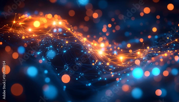 Fototapeta Abstract tech network data connections with orange, blue glowing dots, lines. Artificial intelligence neural network, machine learning, cloud computing concept. Digital transformation strategies,
