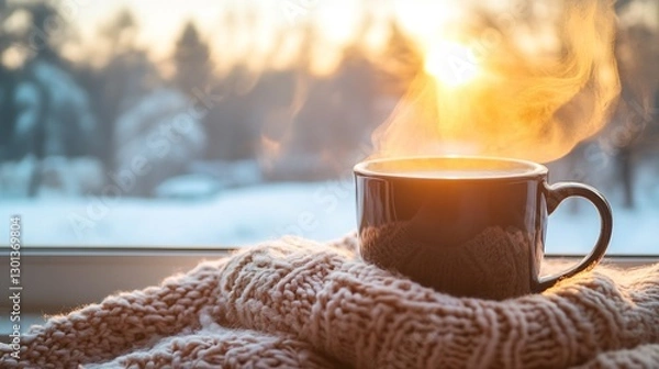 Obraz Cozy cup of steaming coffee on a warm sweater by the window at sunrise in winter : Generative AI