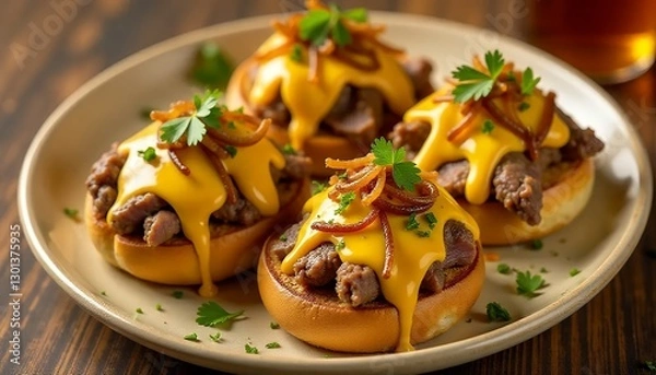 Obraz Beef_Sliders_with_Cheese_and_Fried_Onions_Gourmet_Appetizers