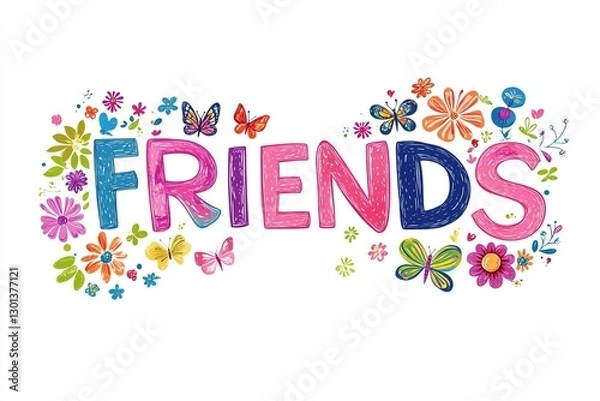 Fototapeta Brightly colored artistic representation of the word friends surrounded by flowers and butterflies