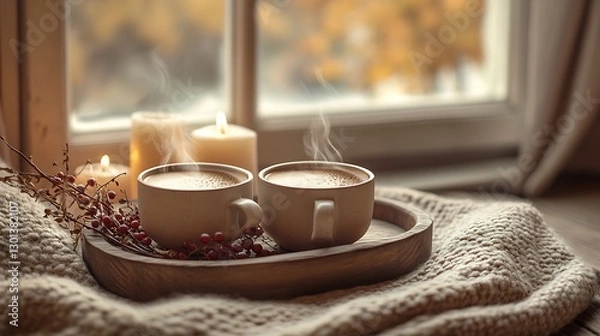Fototapeta Cozy autumn scene with two steaming cups of hot chocolate on a wooden tray with decorative berries and candles : Generative AI