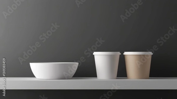 Fototapeta Empty Bowl and Disposable Cups on Shelf - Minimalist product shot of a white bowl and two disposable cups, one white and one brown, arranged on a shelf against a dark gray background. Clean, simple