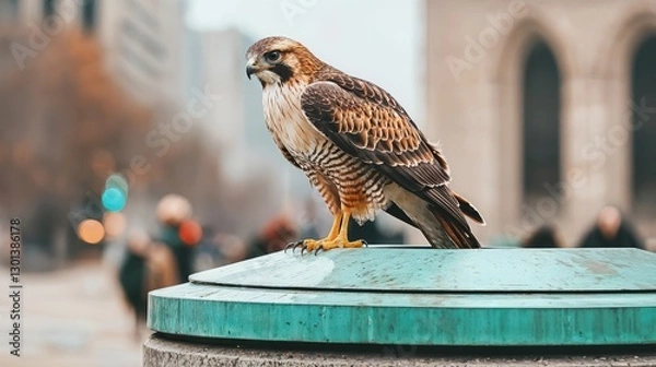 Obraz A stunning hawk stands confidently on a green pedestal in a lively city square, with blurred figures of people wandering in the background during a chilly winter day.