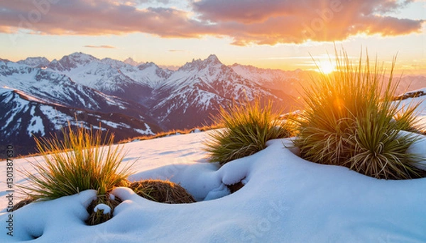 Fototapeta Vibrant grass emerging from snowy terrain at sunset, nature's resilience