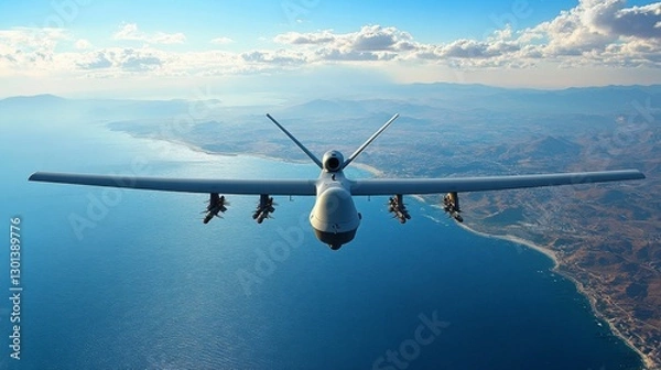 Obraz An advanced military drone soars above a beautiful coastal landscape, with the sun shining and clear blue skies enhancing the serene view below