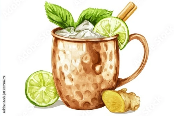 Fototapeta Refreshing Moscow Mule: Chilled Vodka Cocktail with Lime in a Stunning Copper Cup