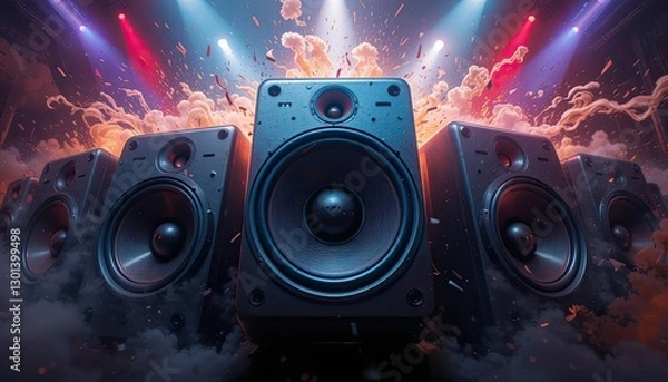 Fototapeta Sound Symphony: Loudspeakers blast sound amid vibrant lights and an intriguing smoky atmosphere, a feast for the ears and eyes. 