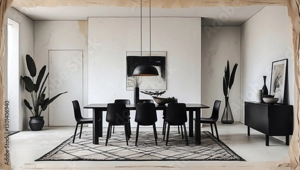 Fototapeta Dining room interior design with black table, chairs and decorative elements. Modern style room with beige walls and geometric rug.