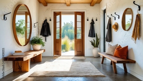 Fototapeta Entry hall with wood ceiling and open doors. Interior has wood bench, oval mirror, plants, and hooks with coats. Outdoor view of trees and bright sunlight.