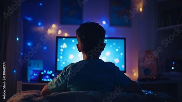 Fototapeta Nighttime Screen Time: A Child's World - A child engrossed in a screen, symbolizing technology's impact, late-night habits, entertainment, childhood curiosity, and screen addiction