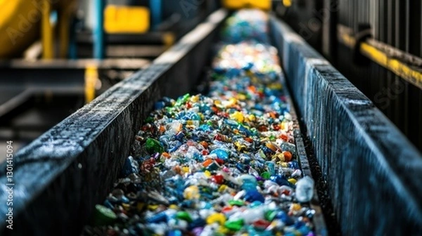 Obraz Conveyor belt transporting colorful plastic bottles and other materials