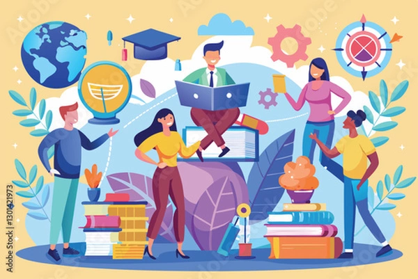 Fototapeta A diverse group engages in collaborative learning amid books and educational symbols, People develop knowledge,