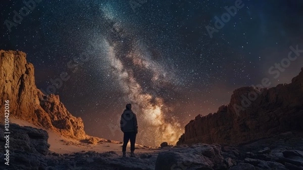 Fototapeta A stunning night sky filled with stars and the Milky Way. A lone figure stands in awe beneath the celestial display. Nature and wonder come together. Generative AI