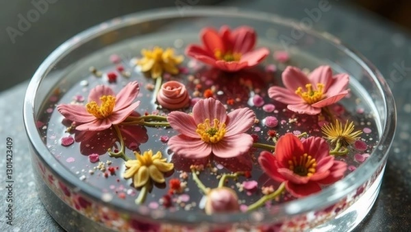 Obraz Epoxy resin combined with dried flowers in a transparent frame. Close-up. Craft