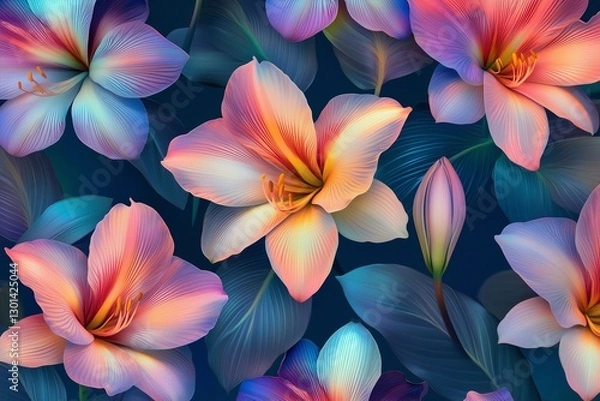 Fototapeta Vibrant glowing amaryllis flowers in seamless pattern on dark background, neon gradient colors