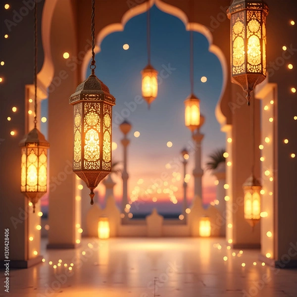 Fototapeta Abstract Eid and ramadan background with glowing lights and red lanterns creating a festive, vibrant atmosphere