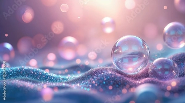 Obraz Whimsical iridescent soap bubbles suspended in mid-air, colorful and luminous, soft gradient background with dreamy lighting, surreal and enchanting atmosphere, floating magical fantasy