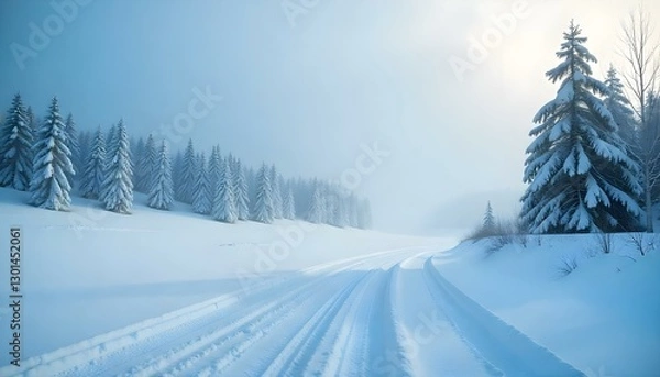 Fototapeta Paisaje invernal con colinas cubiertas de nieve y árboles contra un cielo azul brillante, efecto bokeh, iluminación suave y difusa, lente gran angular