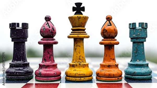 Fototapeta Colorful chess pieces on a checkered board