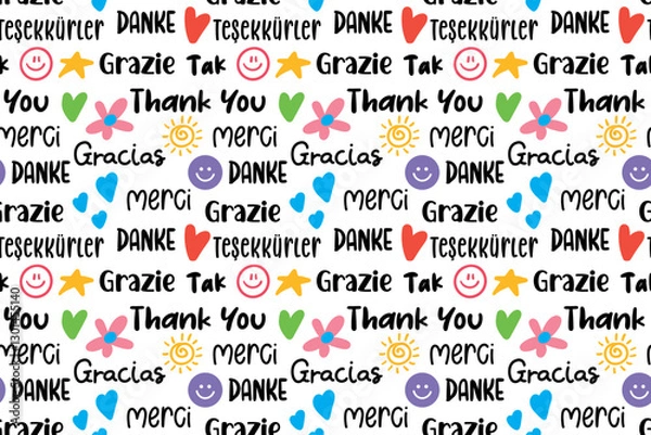 Obraz seamless repeating pattern with thank you lettering in different languages. vector illustration