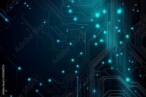 Fototapeta Abstract close-up of a glowing blue digital circuit board, showcasing intricate connections and technological design on a black background.
