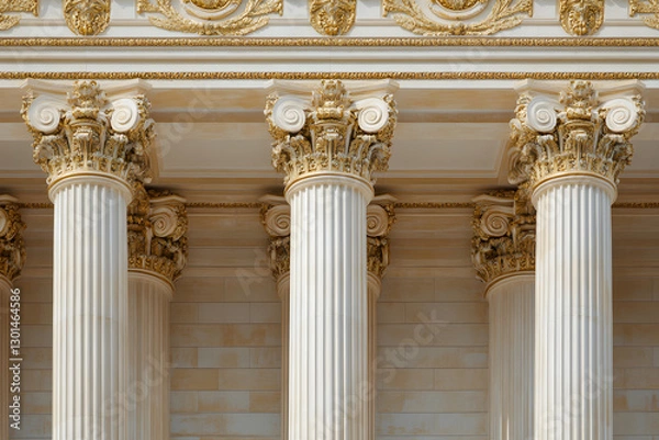 Fototapeta Classical Architecture: Row of detailed columns showcasing intricate carvings and golden accents, embodying timeless elegance and architectural grandeur.