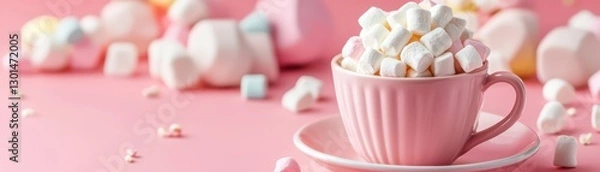 Fototapeta Cozy Hot Chocolate With Marshmallows Surrounded By Colorful Sweets And Treats